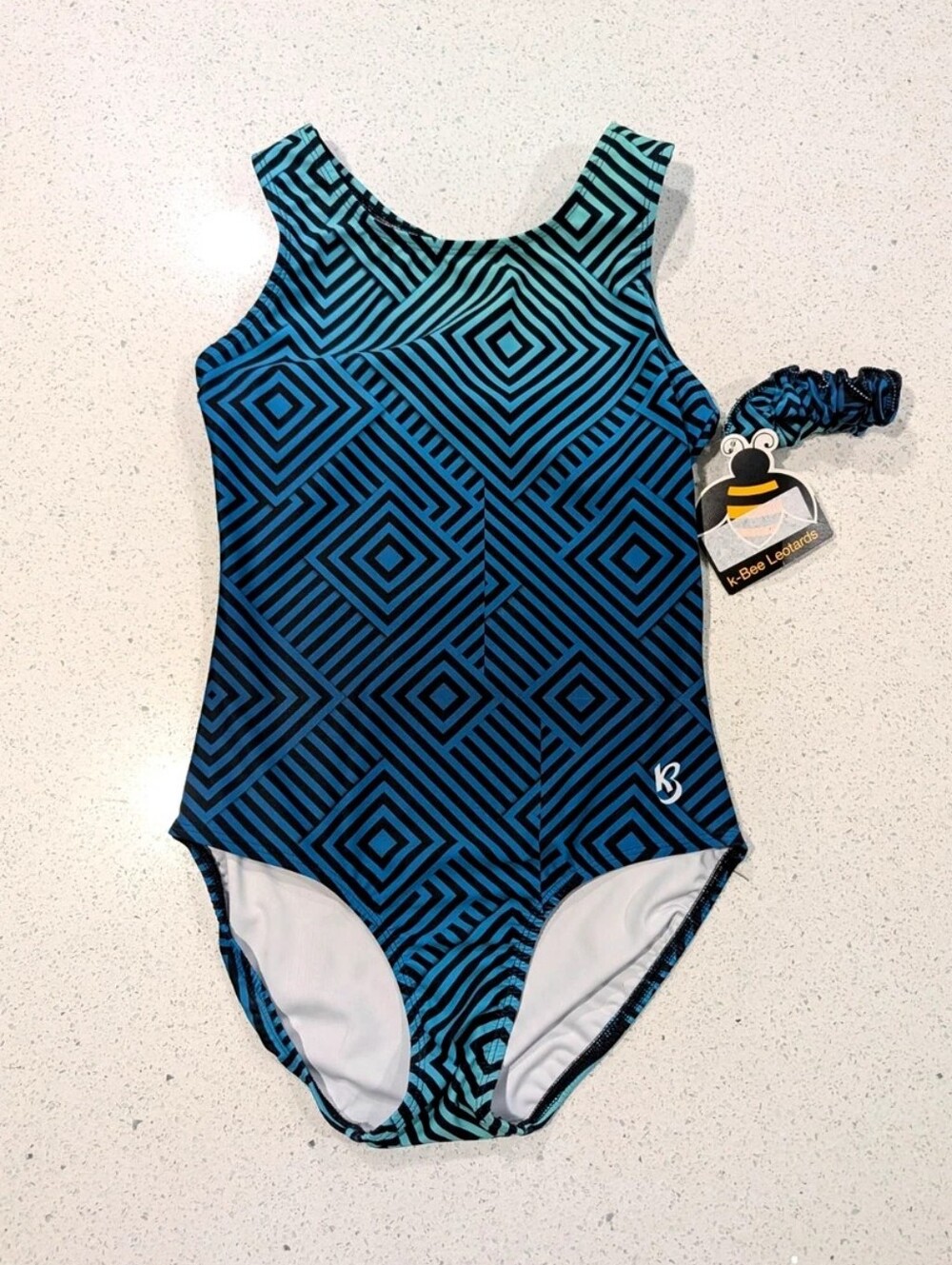 NEW Kbee Gymnastics Dance Leotard AL Large VORTEX Geometric Razorback +SCRUNCHIE